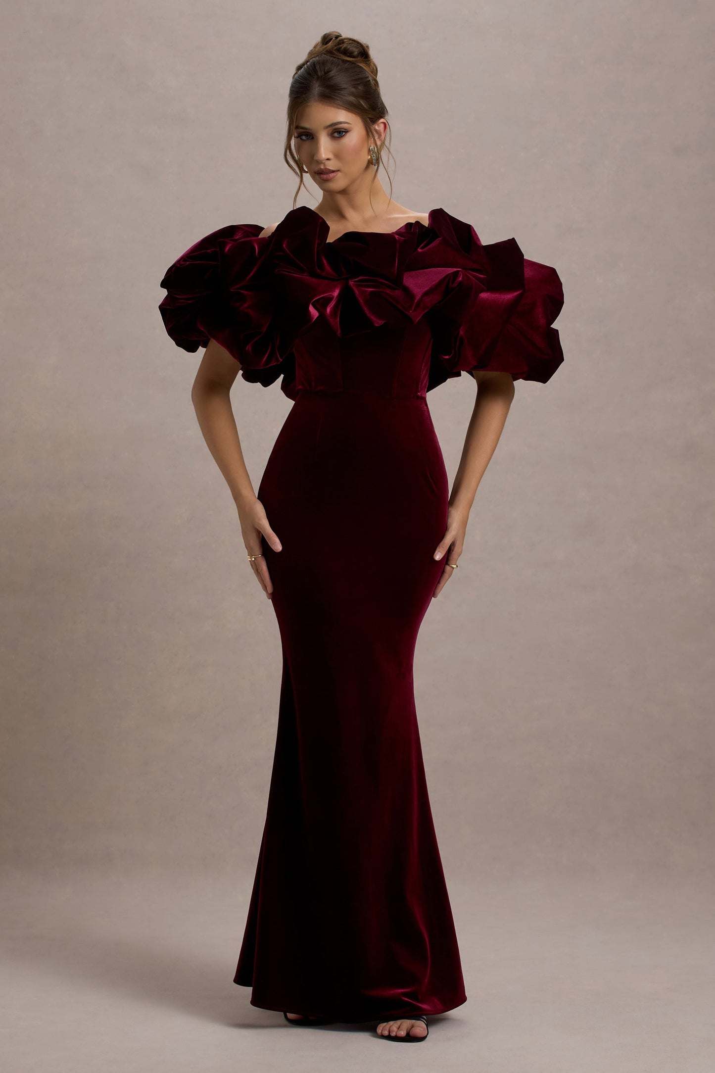 Cecily | Port Velvet Bardot Maxi Dress With Velvet Ruffle Trim