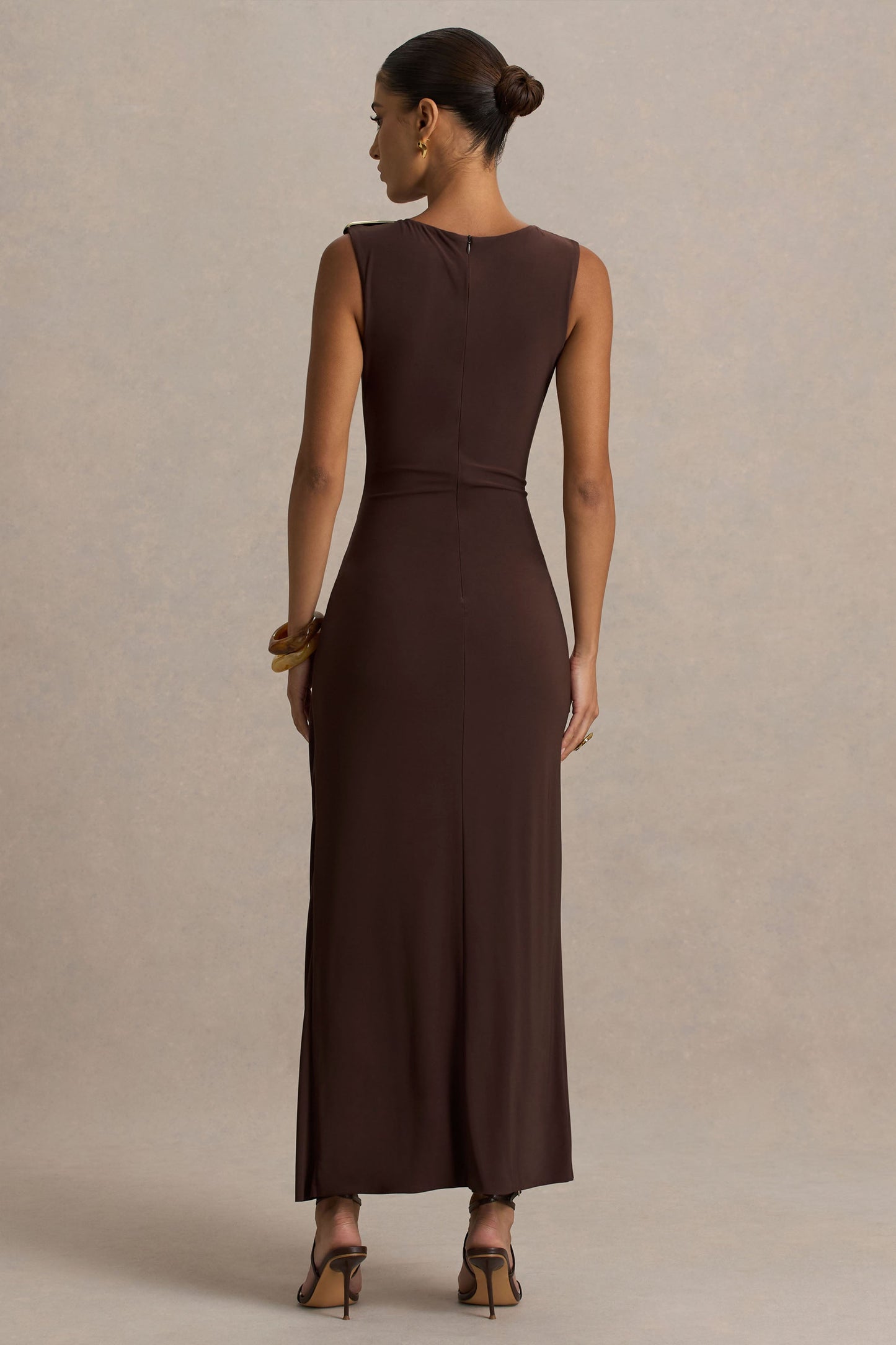 Fiora | Brown High-Neck Maxi Dress With Metal Detail