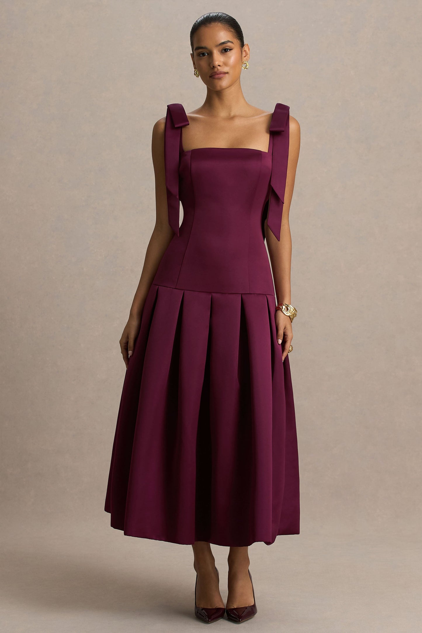 Alberta | Burgundy Satin Midi Dress With Bow Straps