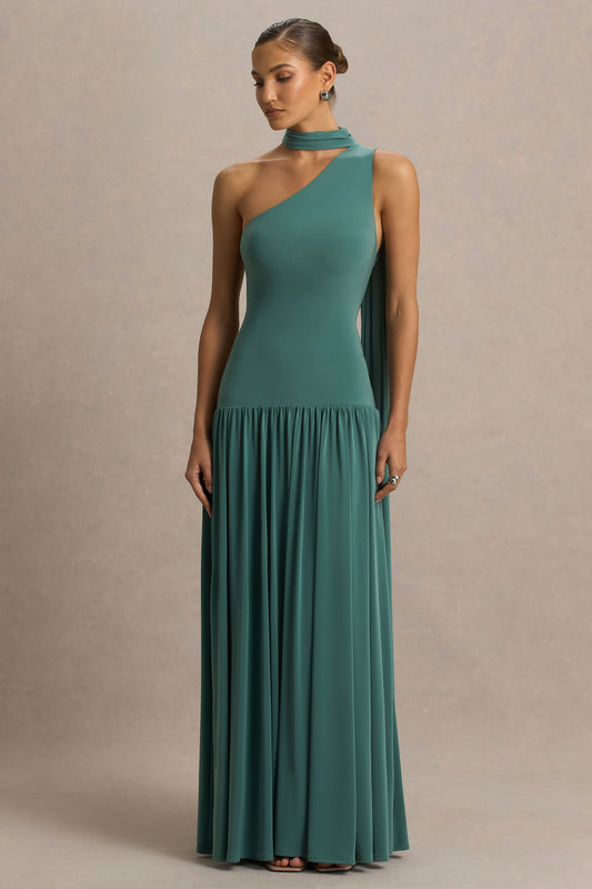 Freesia | Teal Asymmetric-Neck Maxi Dress With Scarf-Detail