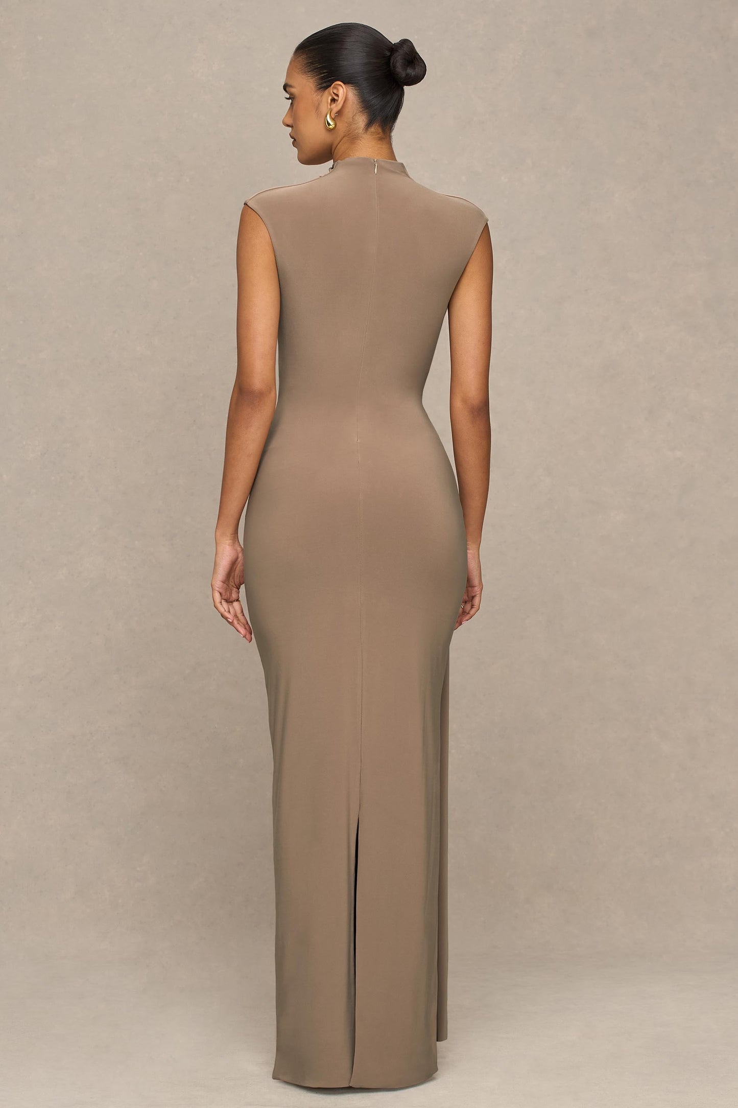 Solene | Brown High-Neck Maxi Dress With Wrap And Drape Detail