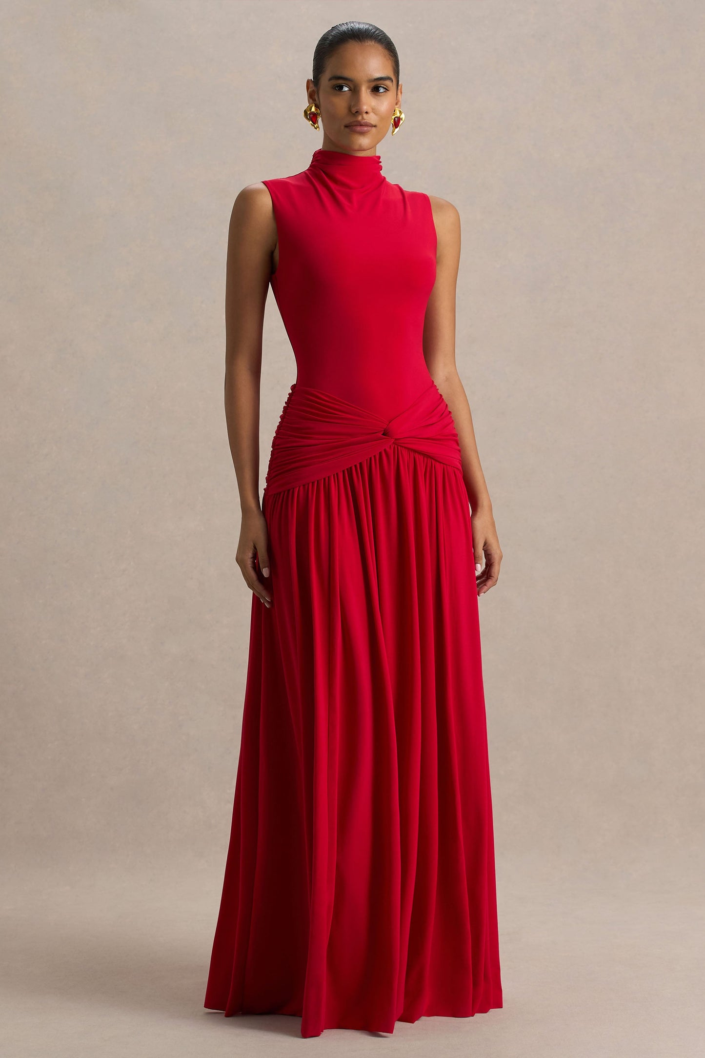 Cascade | Red High-Neck Maxi Dress With Twist Detail