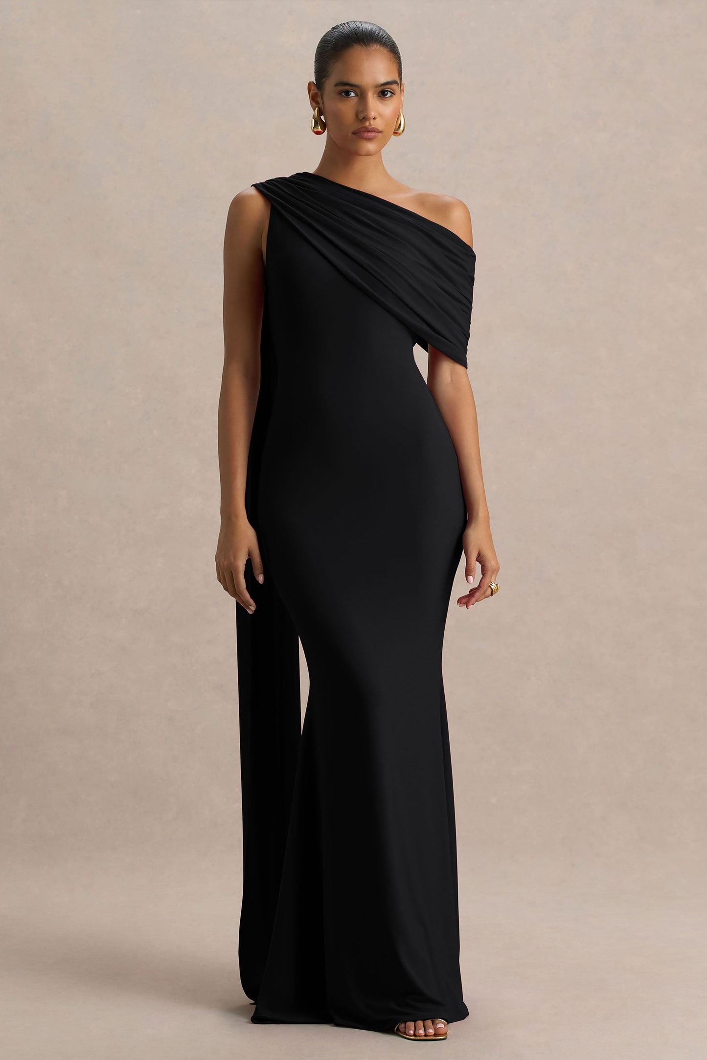 Zendaya | Black Asymmetric-Neck Fishtail Maxi Dress With Cape Detail