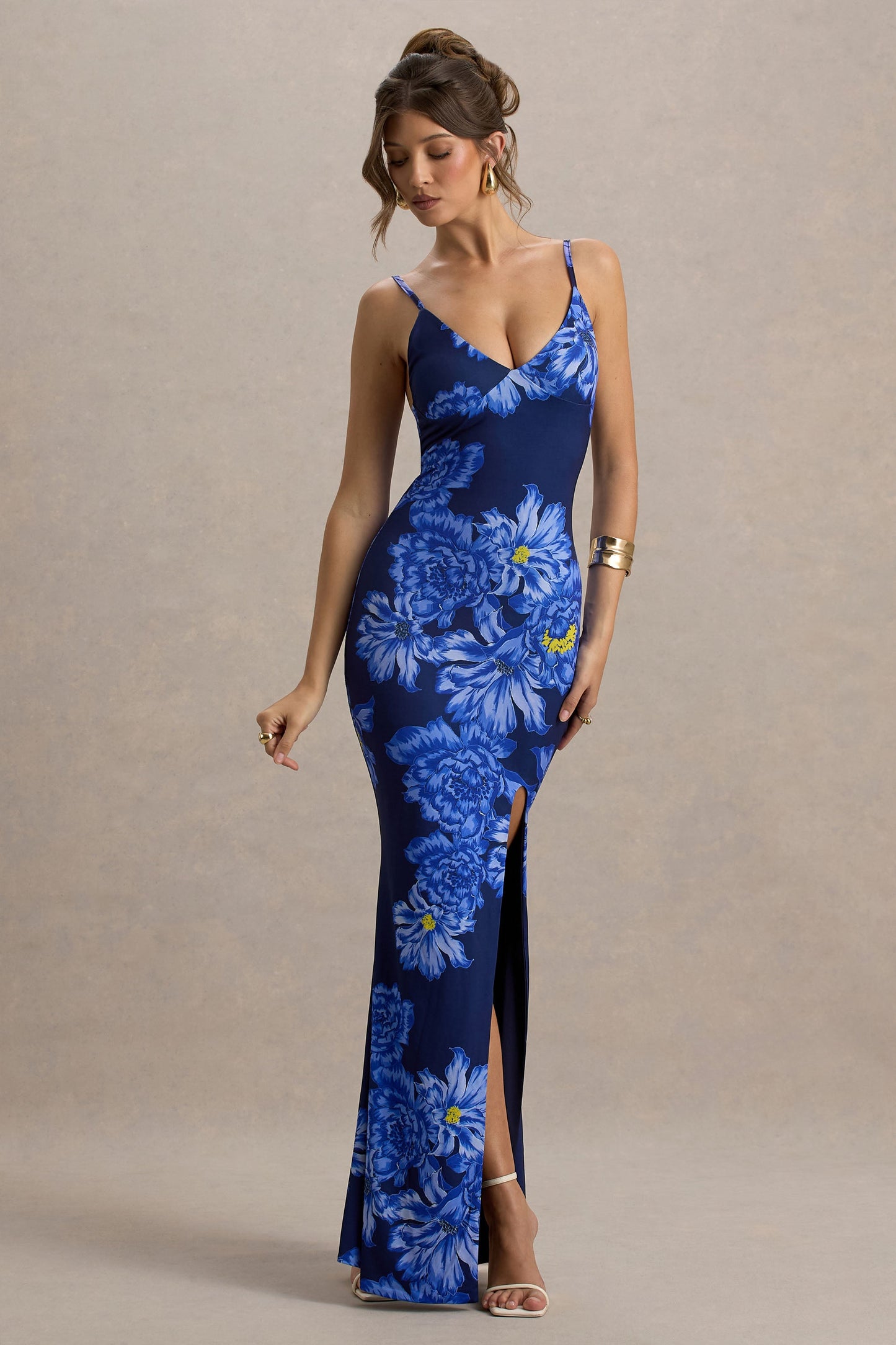 Farah | Blue Floral Print Plunge Neck Maxi Dress With Split Detail