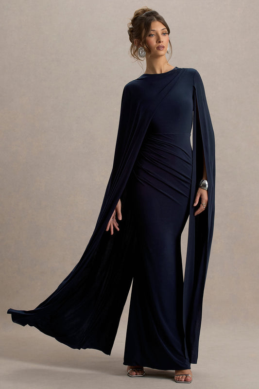 Magdelena | Navy Asymmetric Cape Maxi Dress