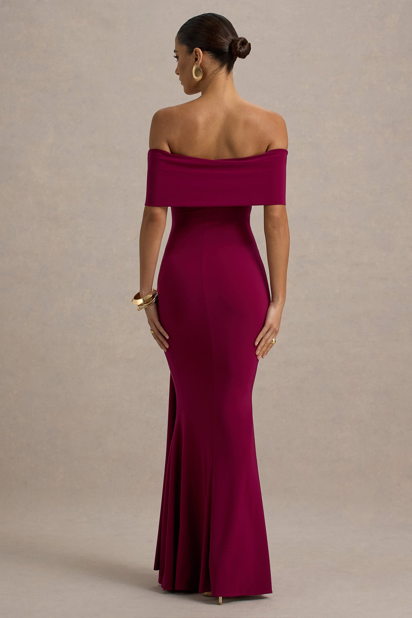 Delma | Burgundy Bardot Maxi Dress With Drape Detail