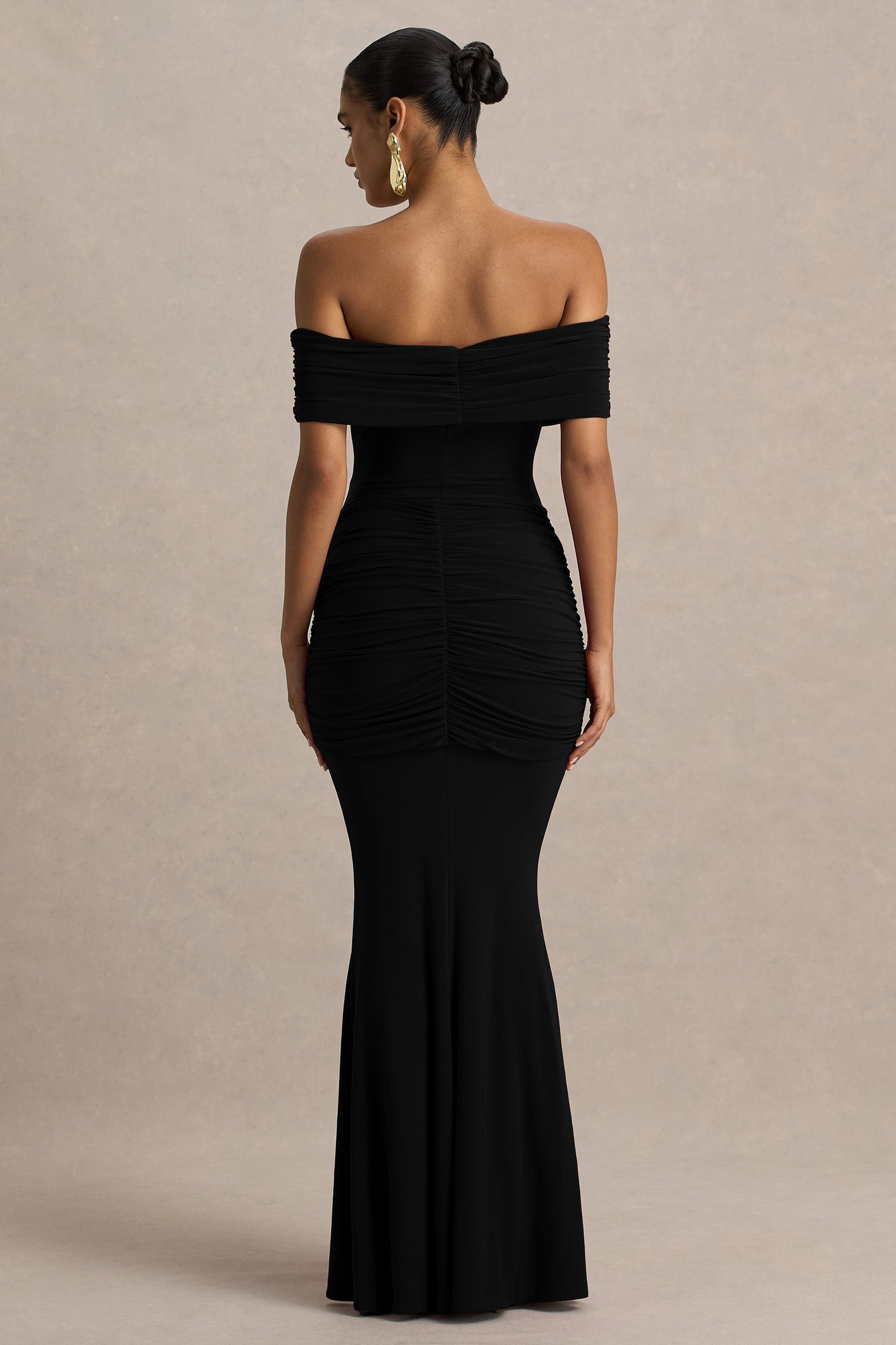 Envisioned | Black Bardot-Neck Maxi Dress With Gathered And Drape Detail