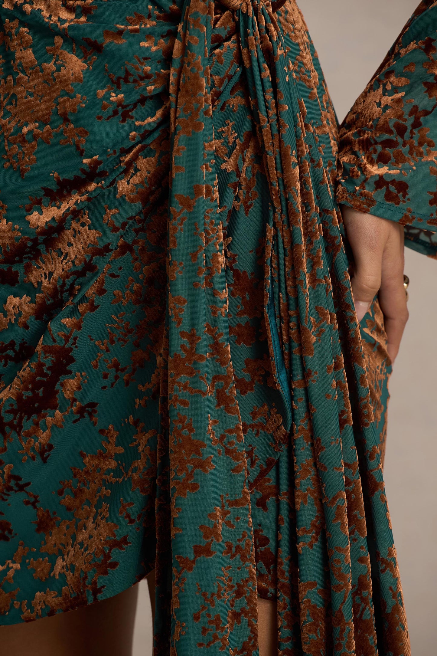 Dimitra | Dark Green And Brown Velvet Devore Plunge-Neck Wrap Mini Dress