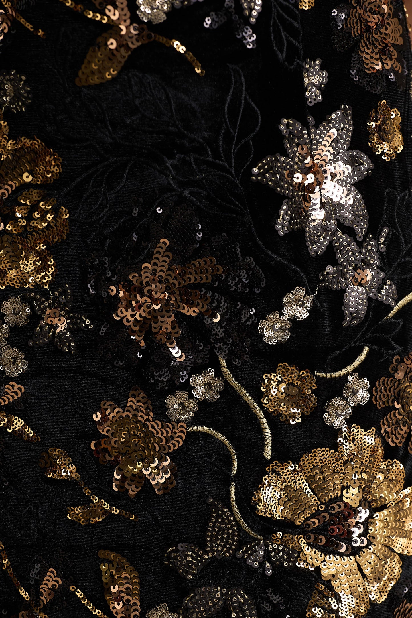 Tate | Black Velvet Halter-Neck Maxi Dress With Bronze Floral Sequin