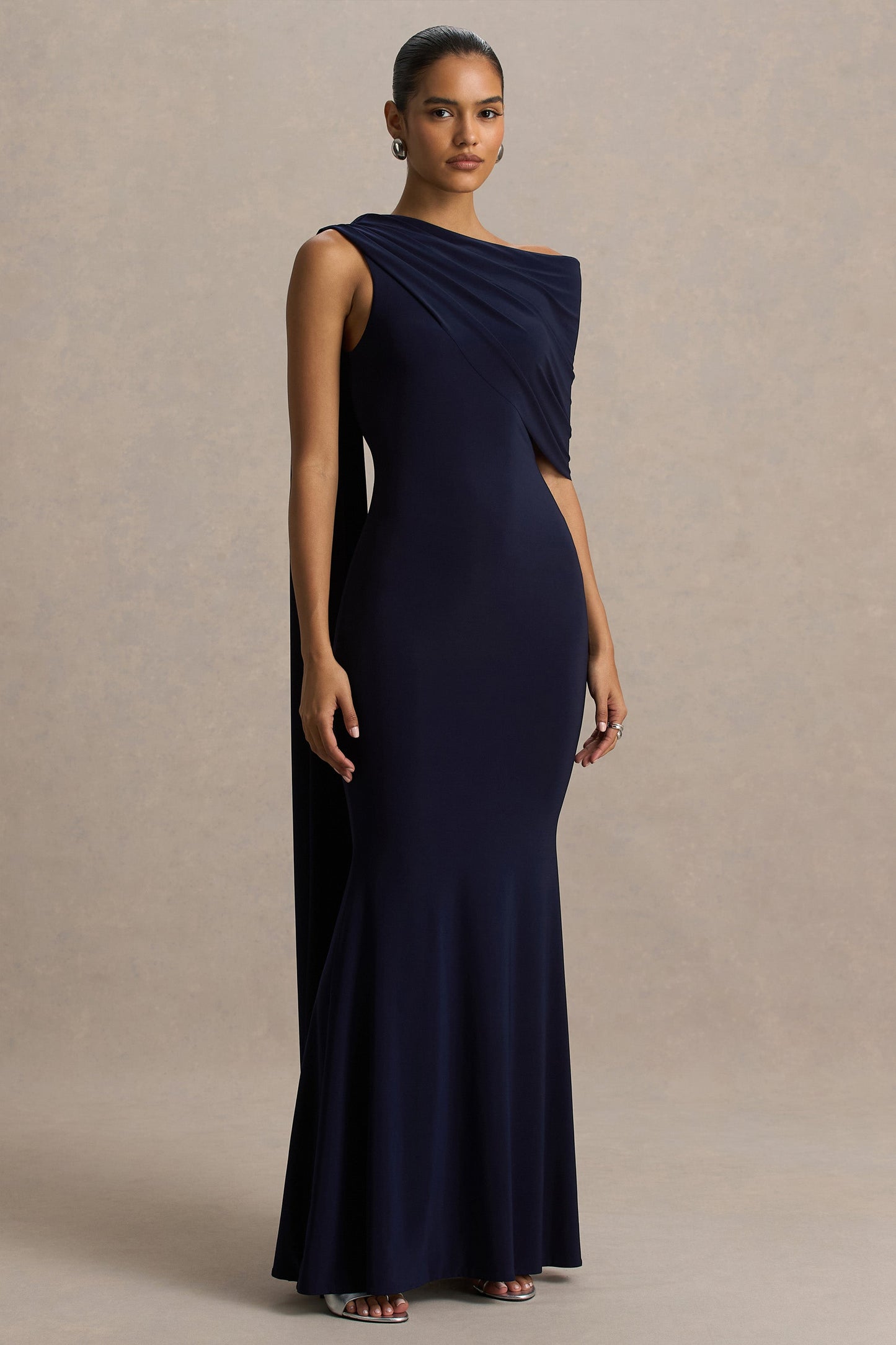 Tiana | Navy Asymmetric-Neck Maxi Dress With Drape-Detail