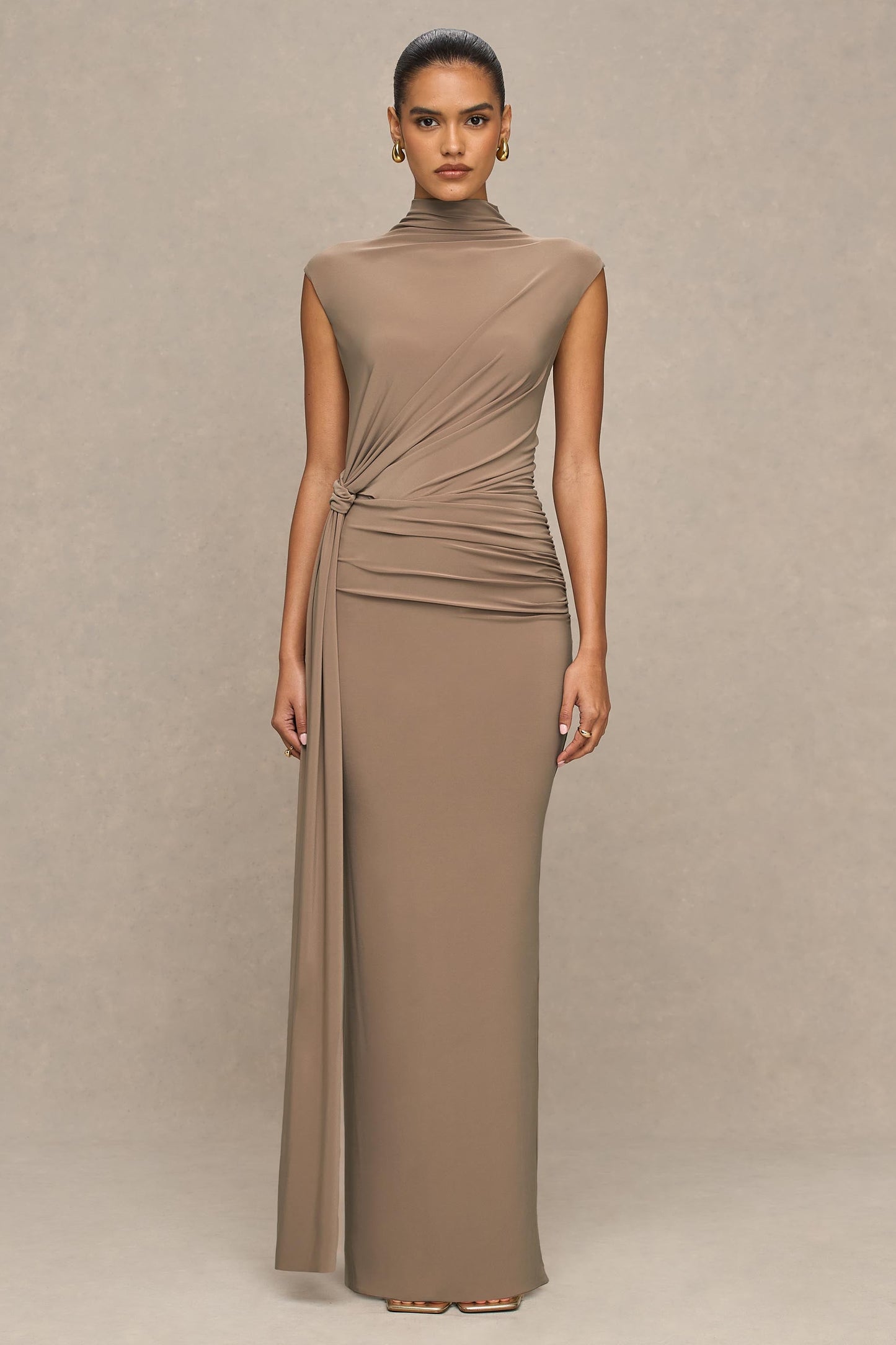 Solene | Brown High-Neck Maxi Dress With Wrap And Drape Detail