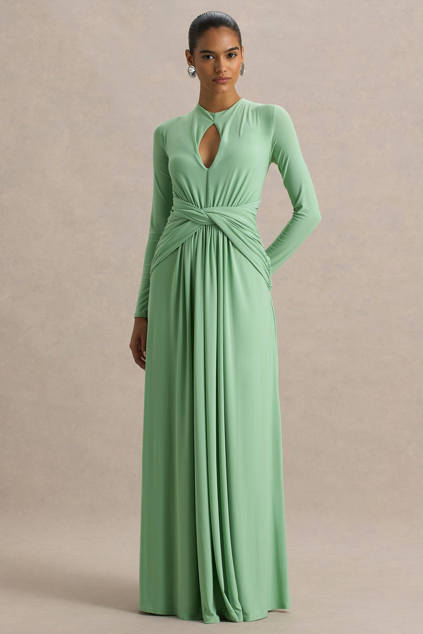 With Me | Green High-Neck Maxi Dress With Ruched Detailing