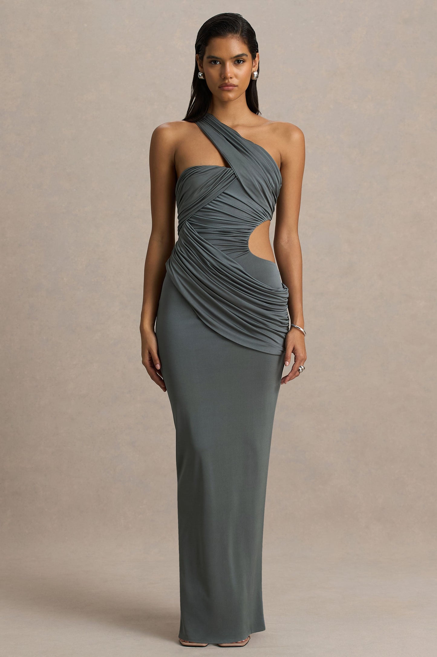 Serefine | Grey Asymmetric-Neck Maxi Dress With Body Cut-Out