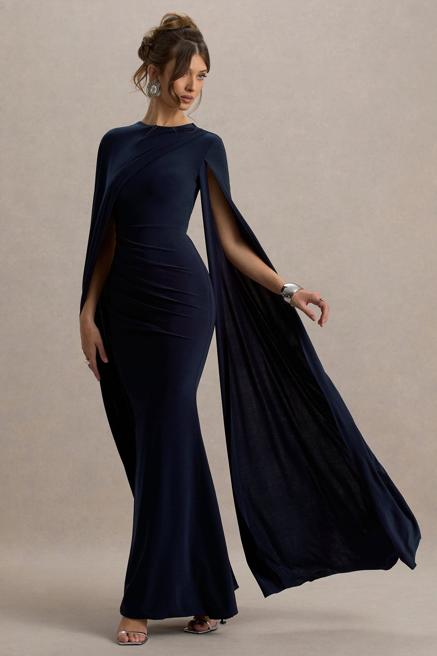 Magdelena | Navy Asymmetric Cape Maxi Dress