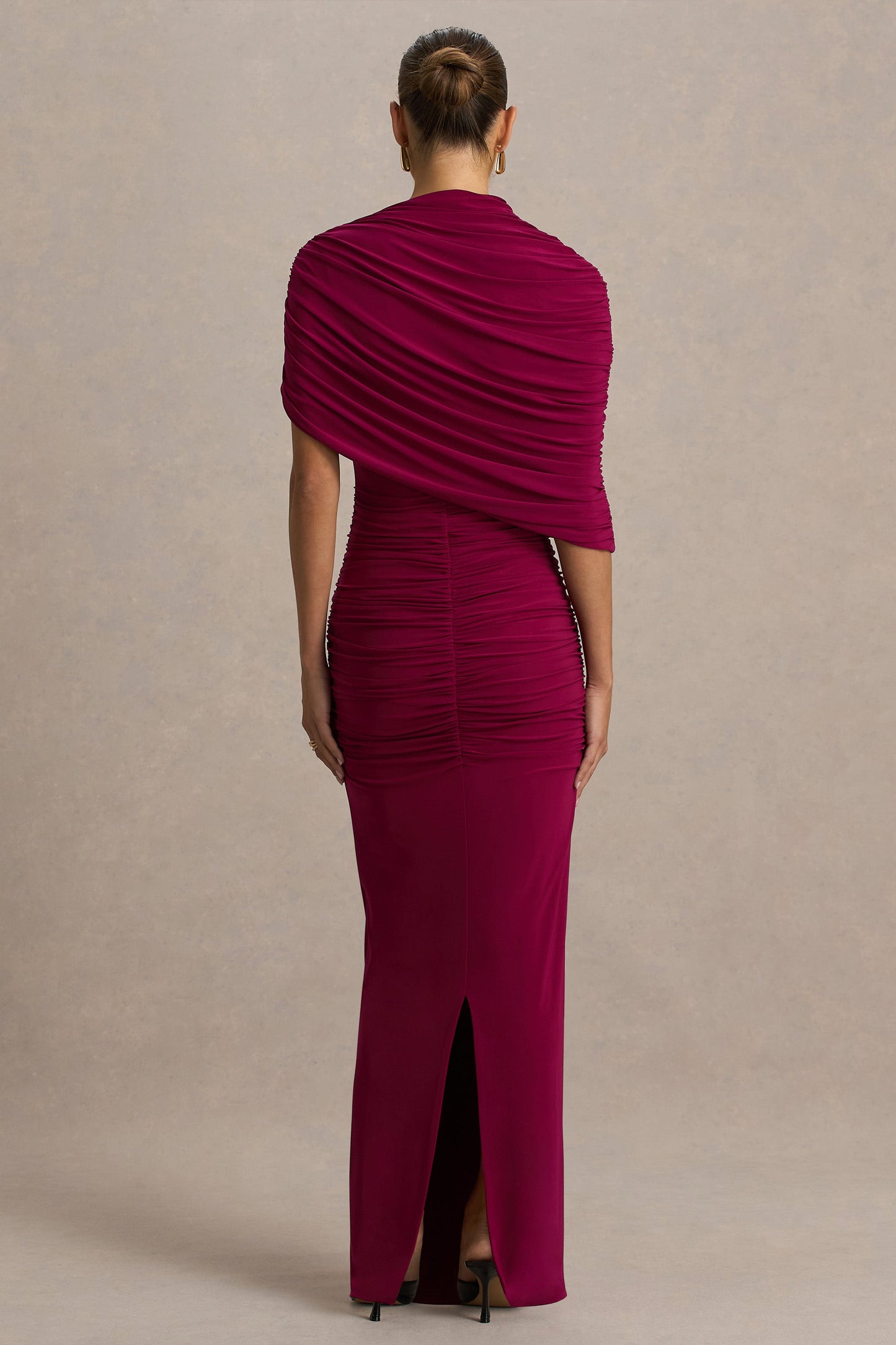 Glitz | Burgundy High-Neck Maxi Dress With Cape Sleeve and Ruched Detailing