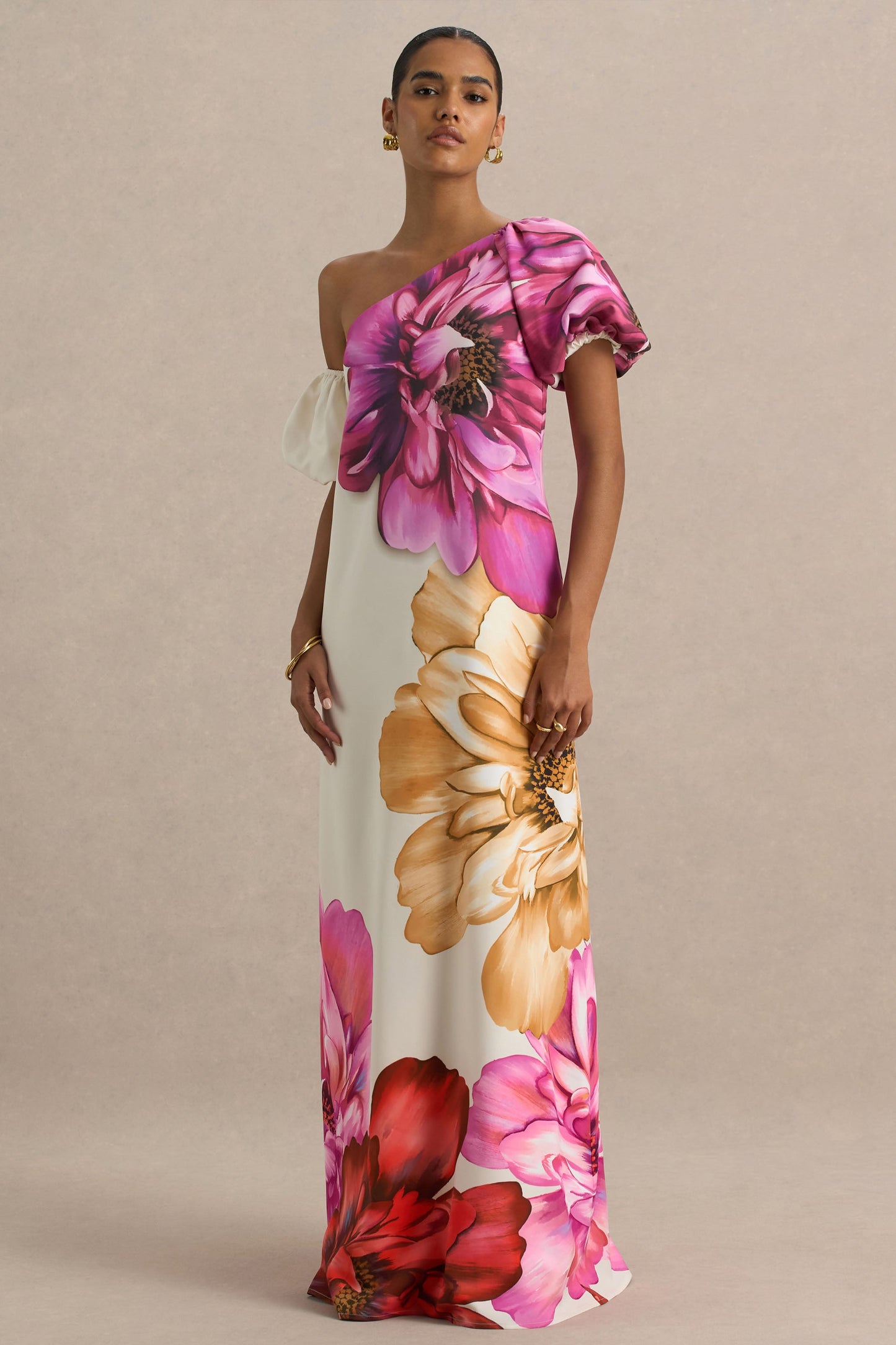 Anastasia | Large Multi-Floral Print Asymmetric Maxi Dress With Ruched Detailing