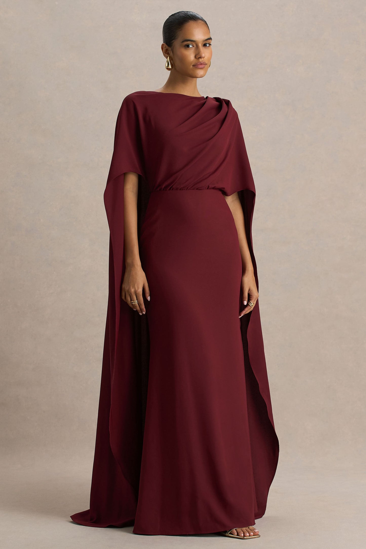Pristina | Burgundy High-Neck Woven Maxi Dress With Cape Detail