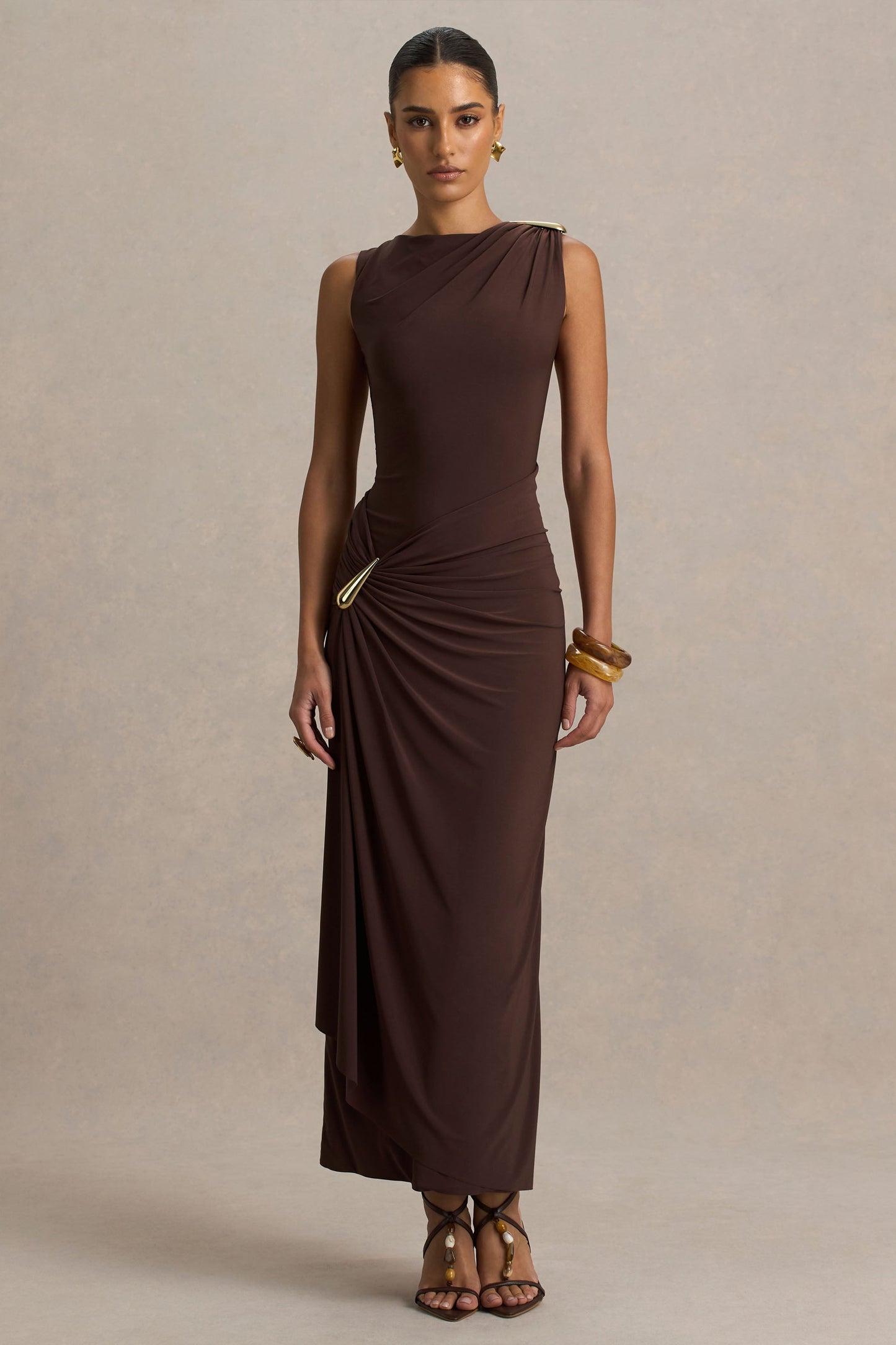 Fiora | Brown High-Neck Maxi Dress With Metal Detail
