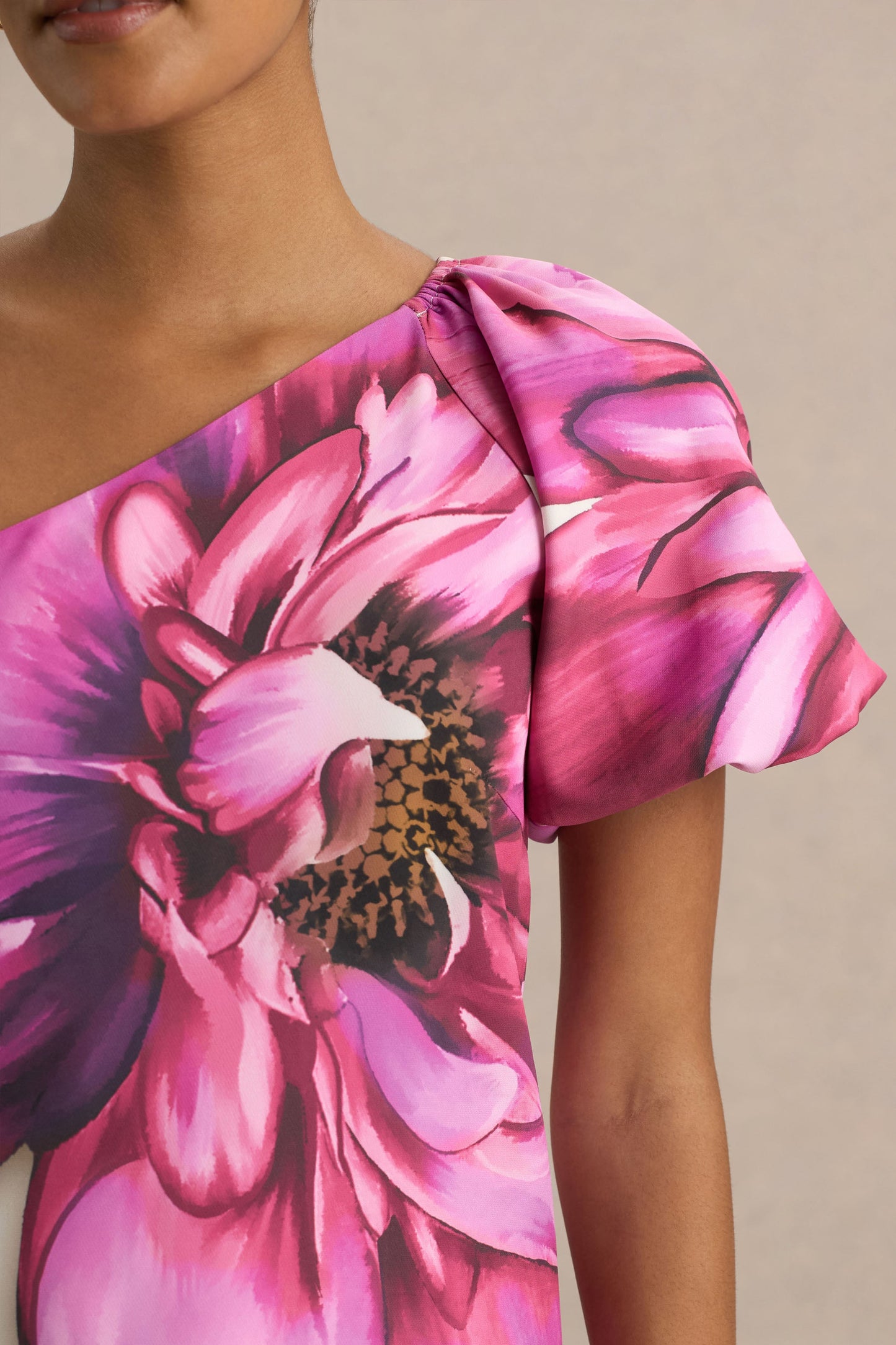 Anastasia | Large Multi-Floral Print Asymmetric Maxi Dress With Ruched Detailing