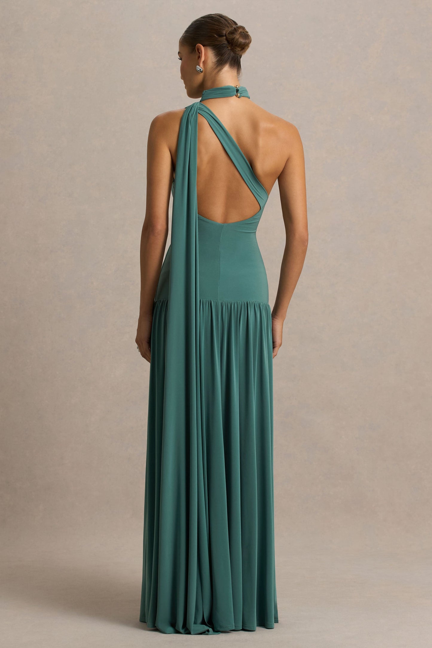 Freesia | Teal Asymmetric-Neck Maxi Dress With Scarf-Detail