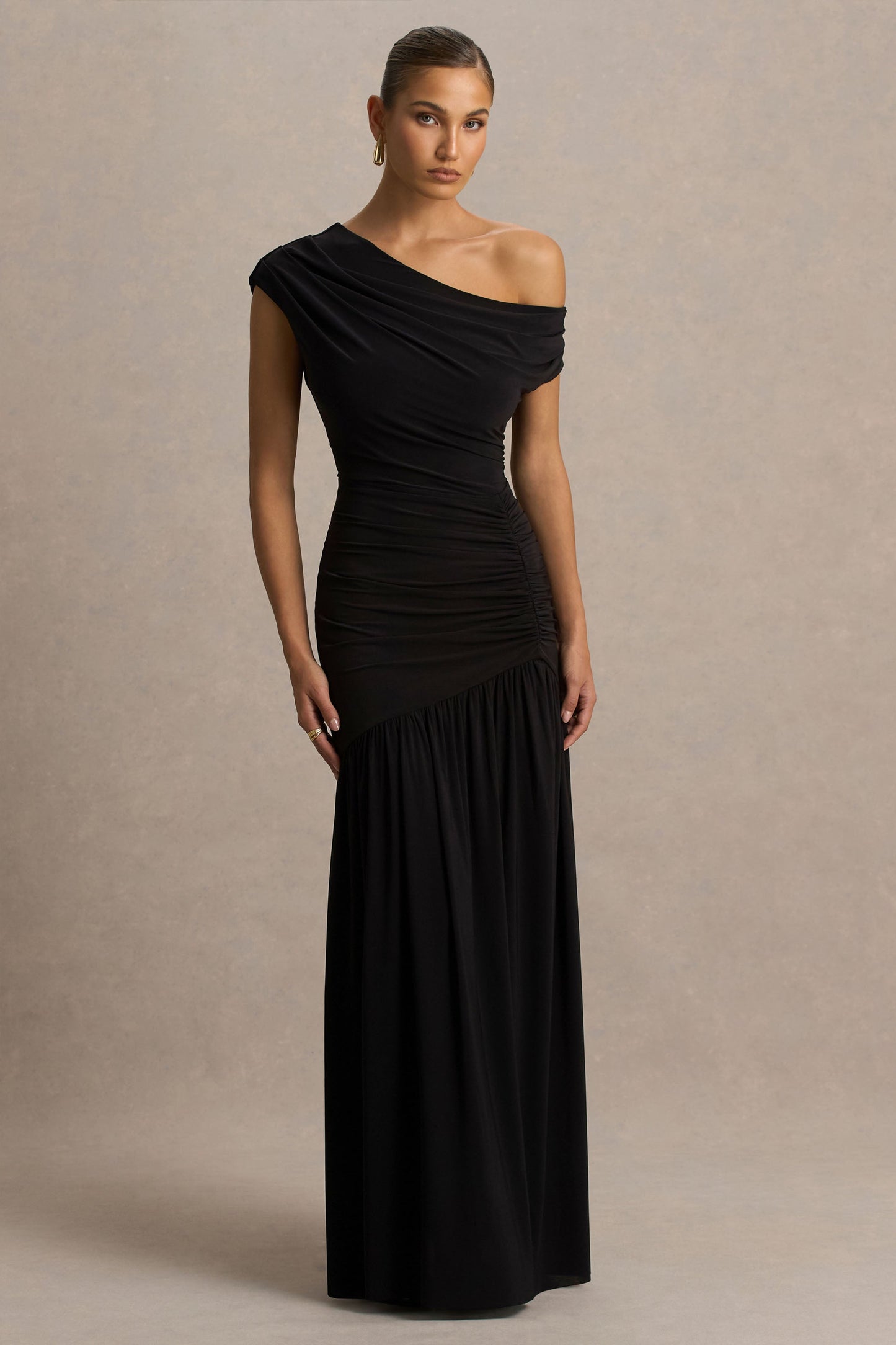 Kady | Black Asymmetric-Neck Maxi Dress With Ruched Detailing and Front-High Split