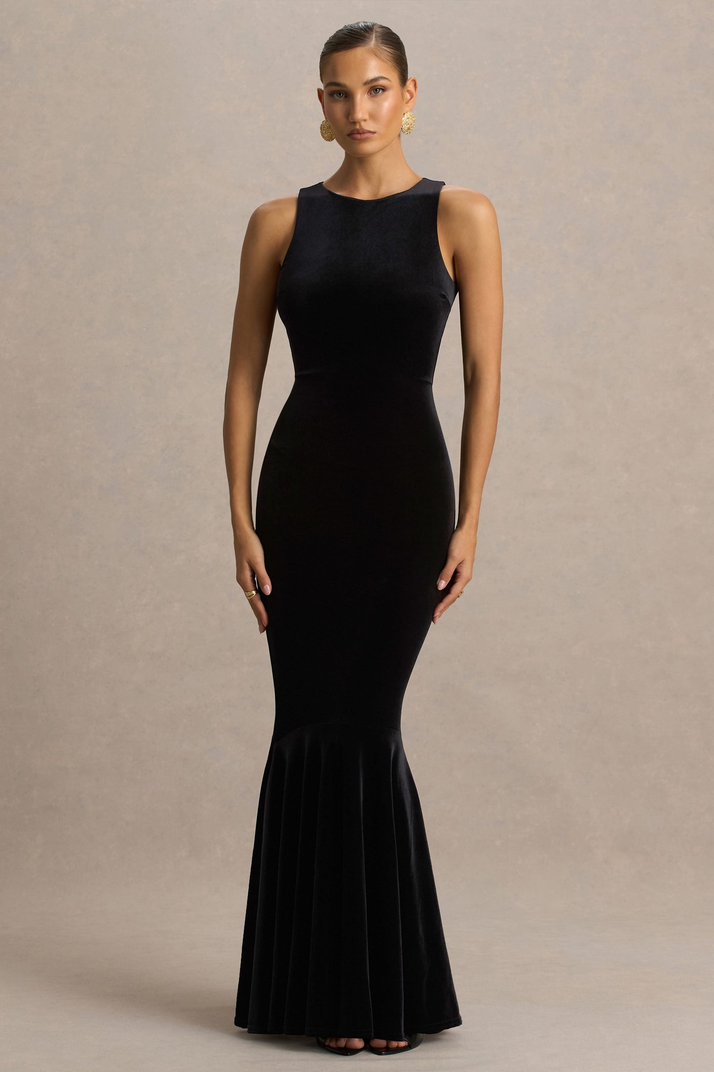 Pippa | Black Velvet Crew-Neck Mermaid Maxi Dress