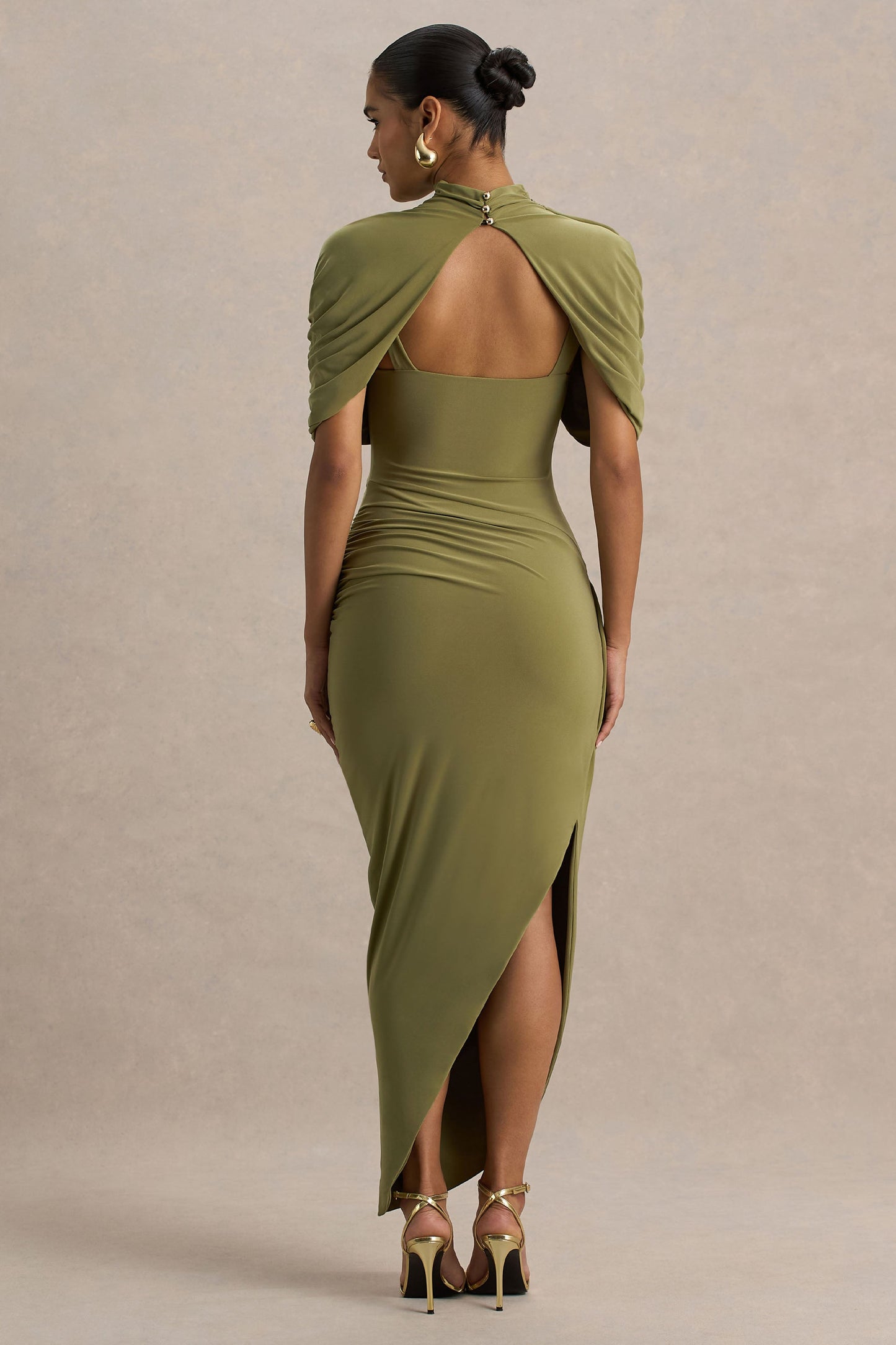 Enchant | Olive Asymmetric Twisted Cape Midi Dress