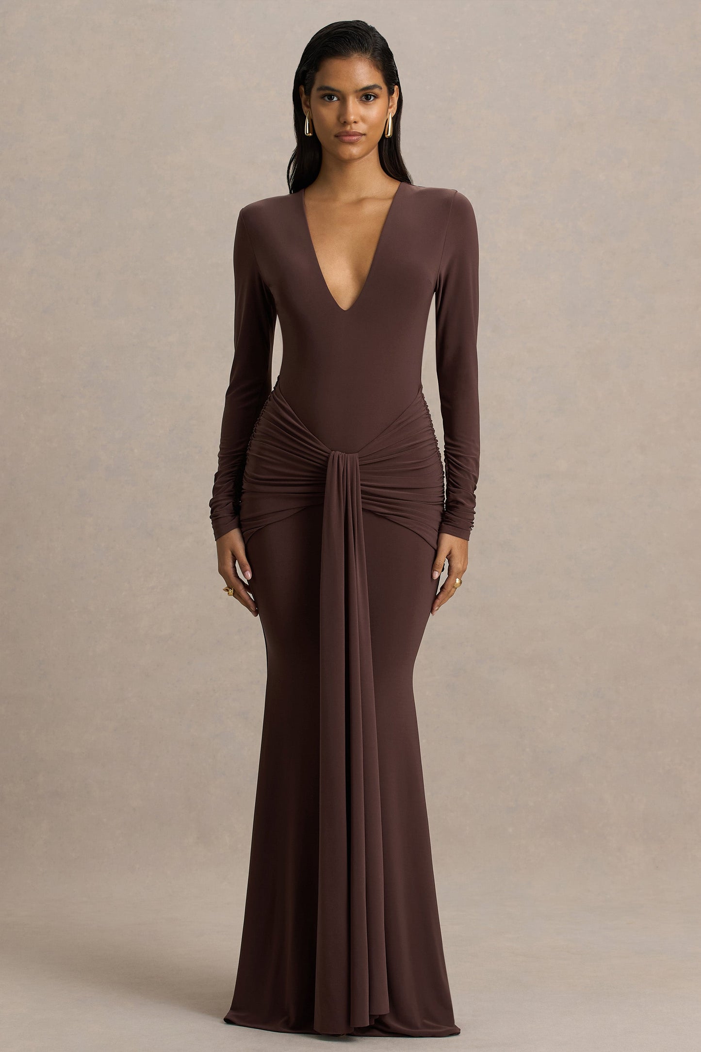 Saffie | Chocolate Extreme-Plunge Wrap Maxi Dress With Long-Sleeves And Ruched Detailing