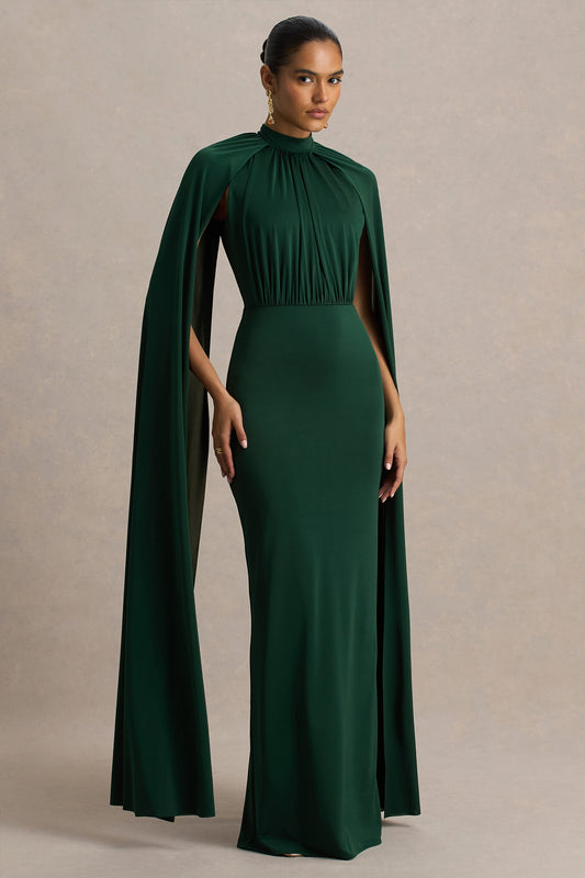 Darielle | Bottle Green High-Neck Cape-Sleeve Maxi Dress