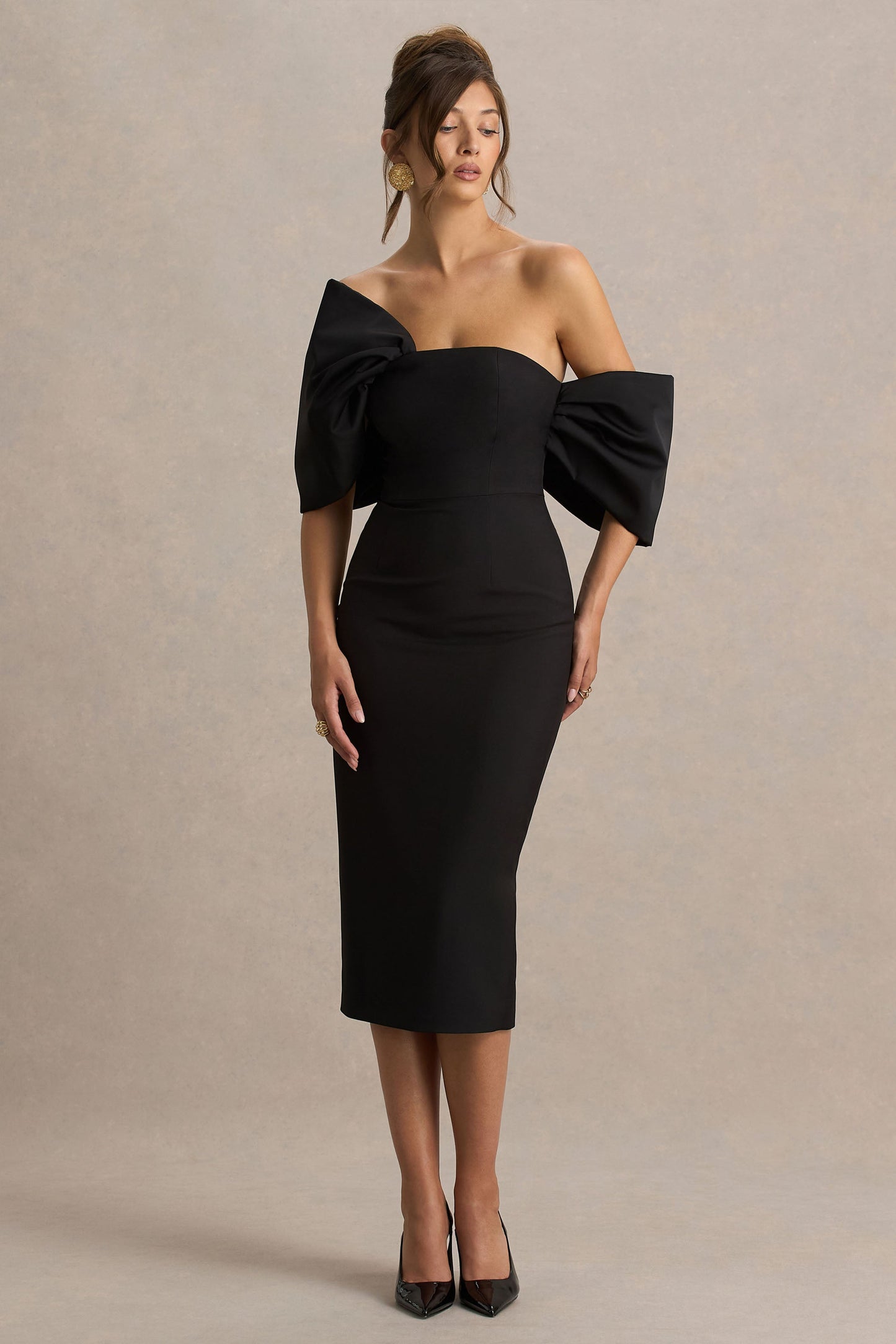 Lucille | Black Asymmetric Bardot Midi Dress