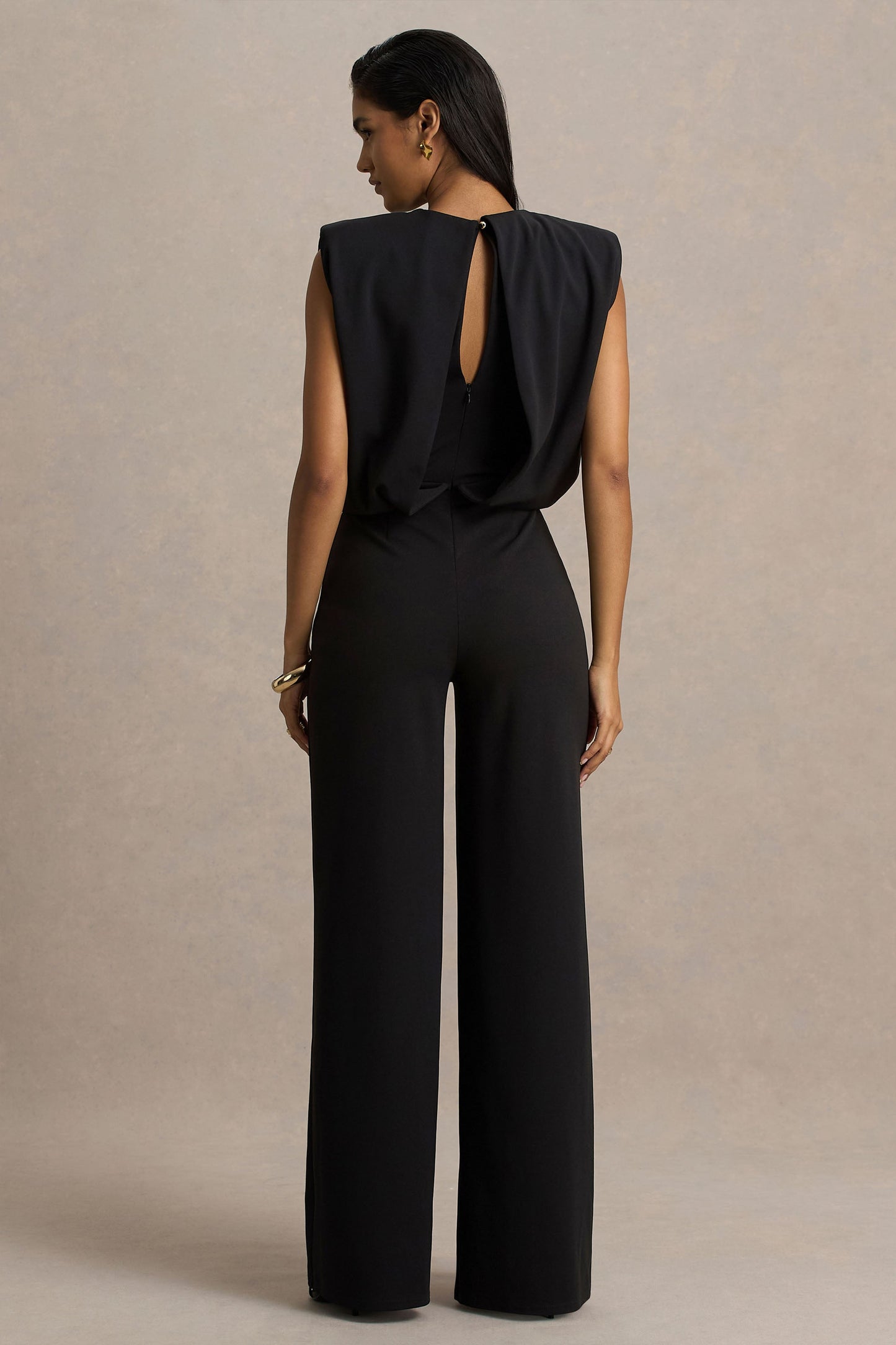 Tiff | Black Crew-Neck Jumpsuit With Draped Detailing