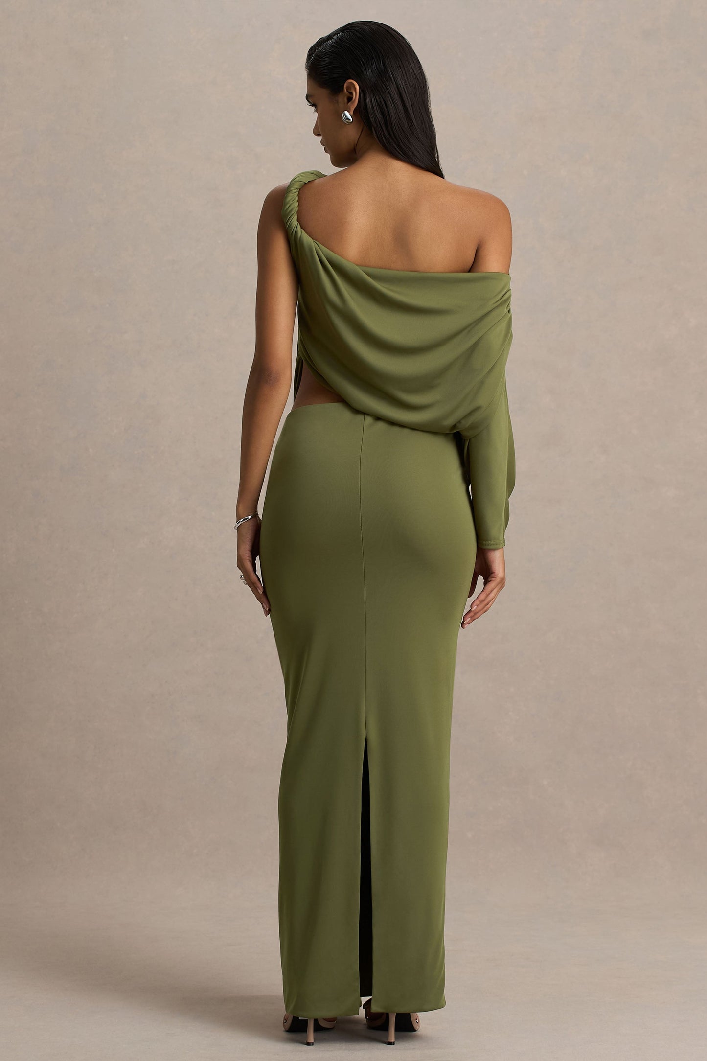 Layla | Olive Asymmetric-Neck Wrap Maxi Dress With Body Cut-Out And Ruched Detailing