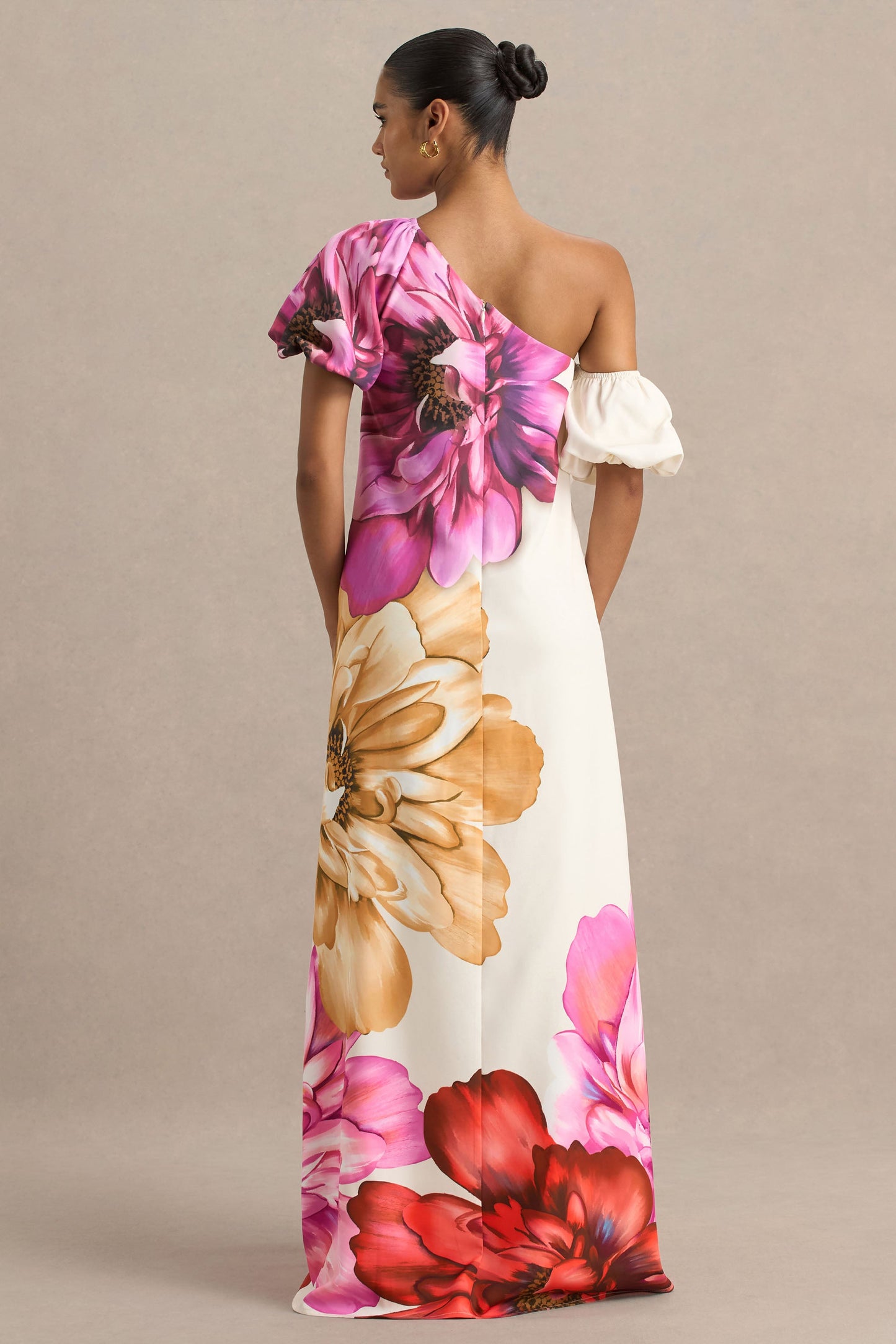 Anastasia | Large Multi-Floral Print Asymmetric Maxi Dress With Ruched Detailing