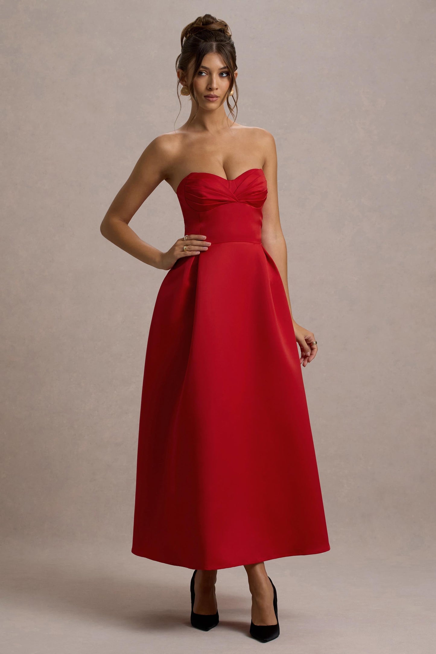 Wintour | Red Satin Sweetheart Midi Dress