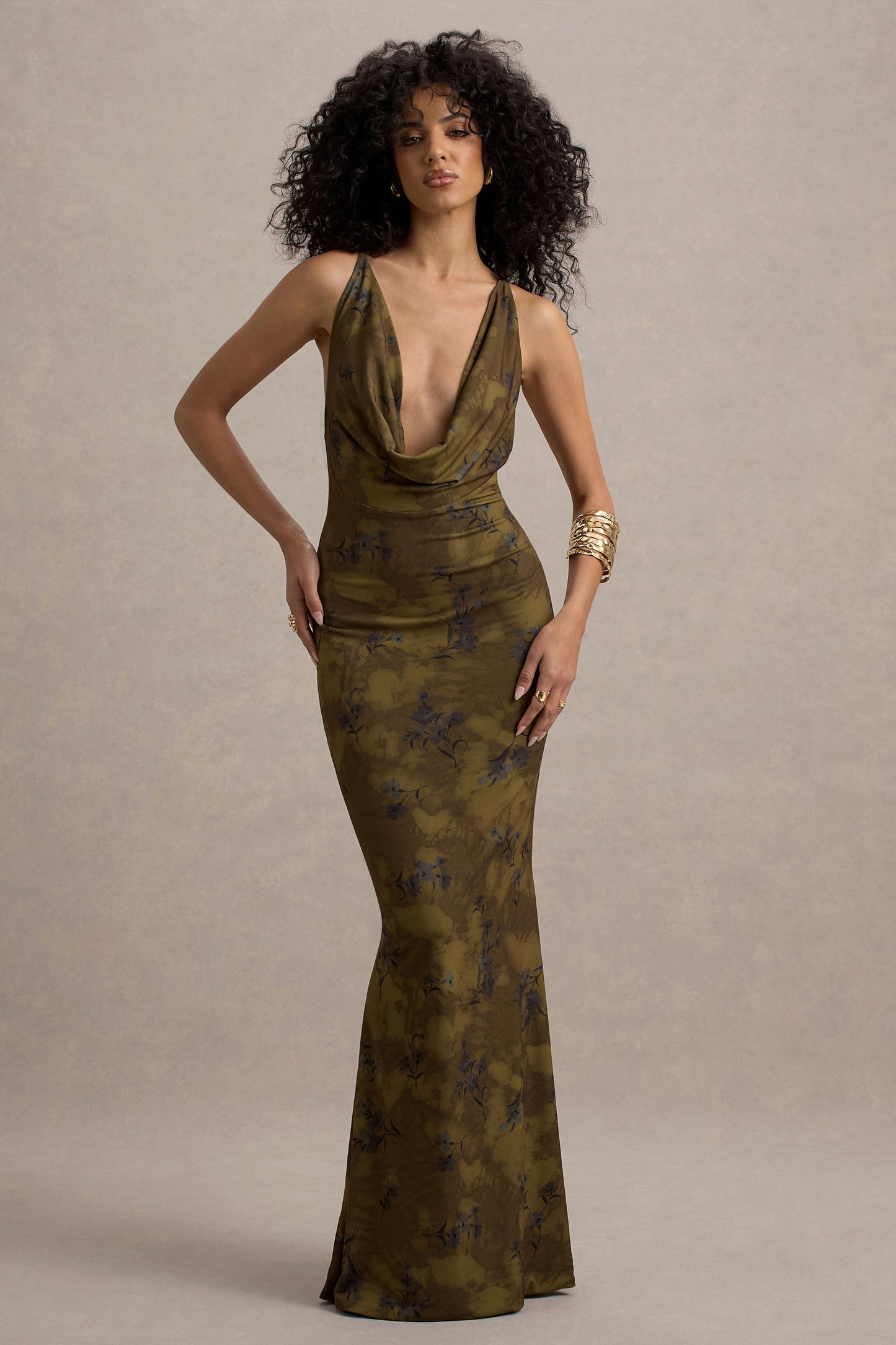 Allana | Yellow Floral Print Cowl-Neck Open-Back Maxi Dress