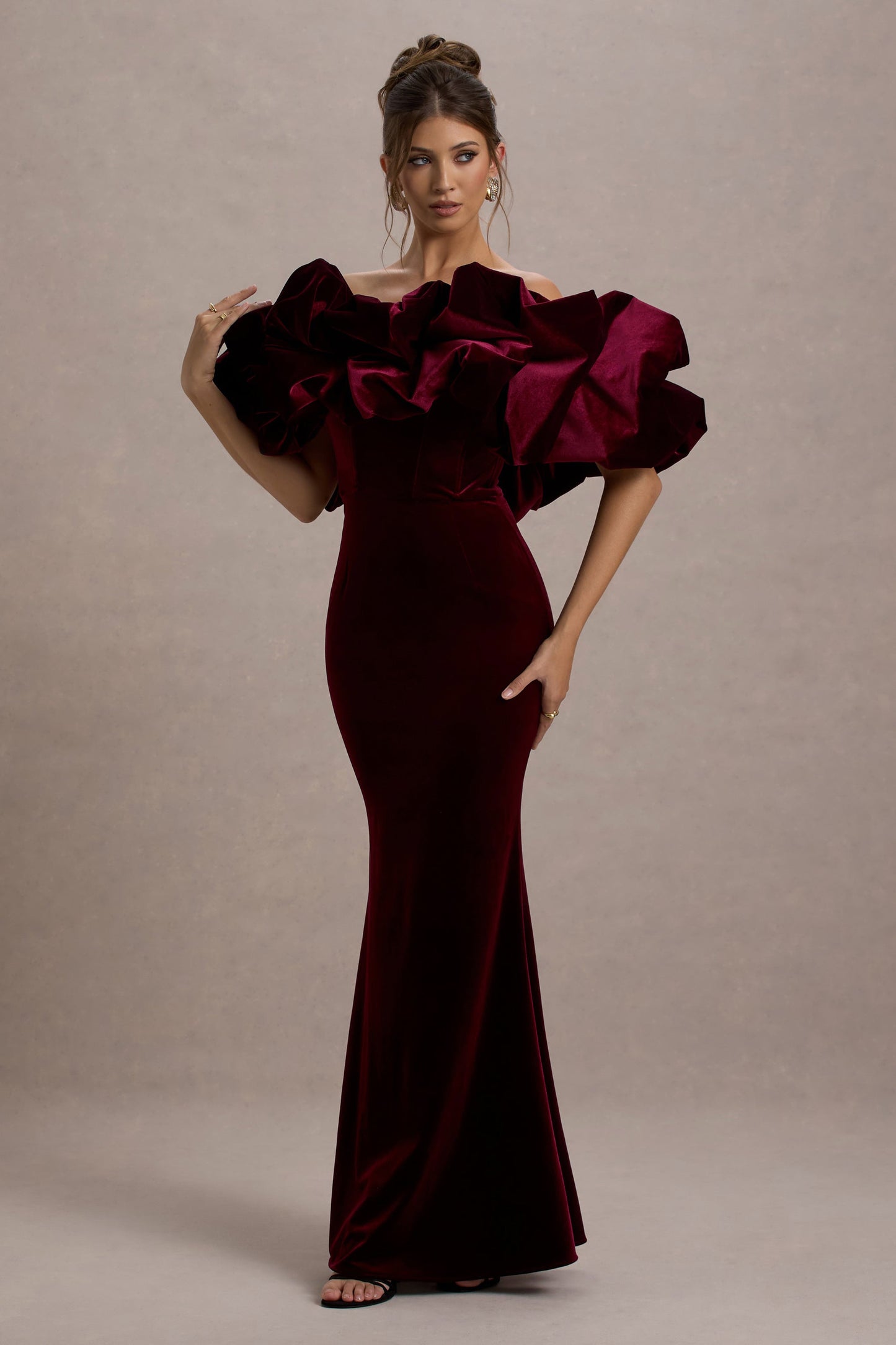 Cecily | Port Velvet Bardot Maxi Dress With Velvet Ruffle Trim