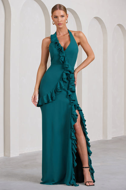 Morning | Bottle Green Ruffled Halter-Neck Split Maxi Dress