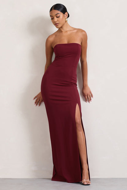 Belle of The Ball | Berry Bandeau Maxi Dress With Split Hem
