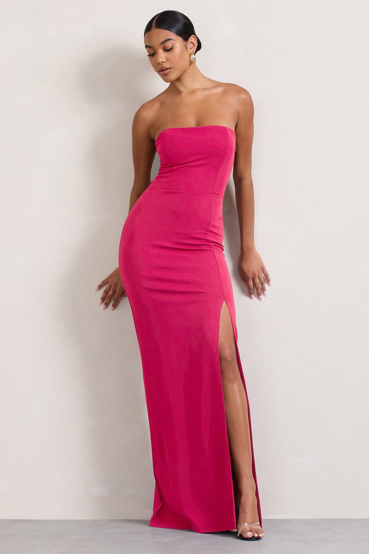 Belle of The Ball | Hot Pink Bandeau Maxi Dress With Split Hem