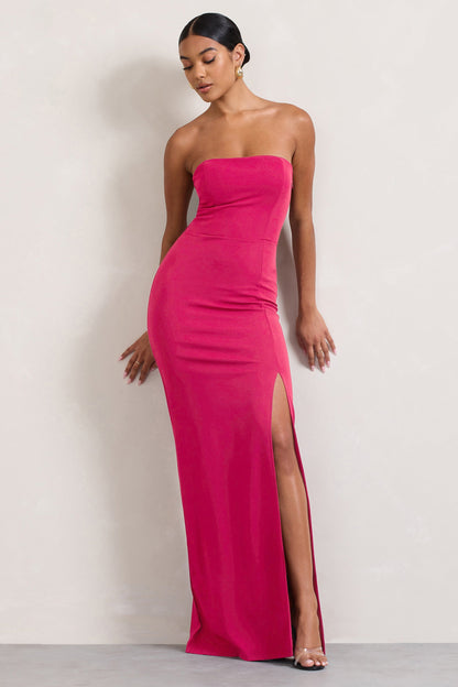 Belle of The Ball | Hot Pink Bandeau Maxi Dress With Split Hem