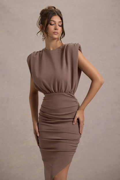 Jennifer | Mocha Sleeveless Maxi Dress With Asymmetric Hem