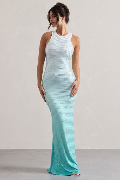 Escala | Mint Ombre Embellished Racer-Neck Maxi Dress