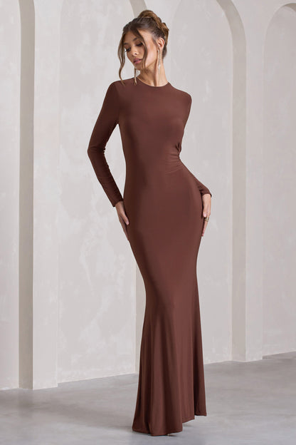 Starring | Chocolate Brown Long-Sleeve Backless  Maxi Dress