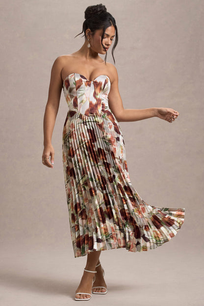 Bordeaux | Cream Floral Print Satin Corset Style Midi Dress