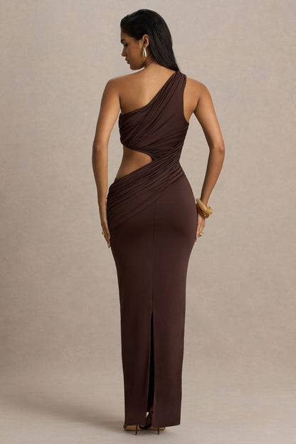 Serefine | Brown Asymmetric-Neck Maxi Dress With Body Cut-Out