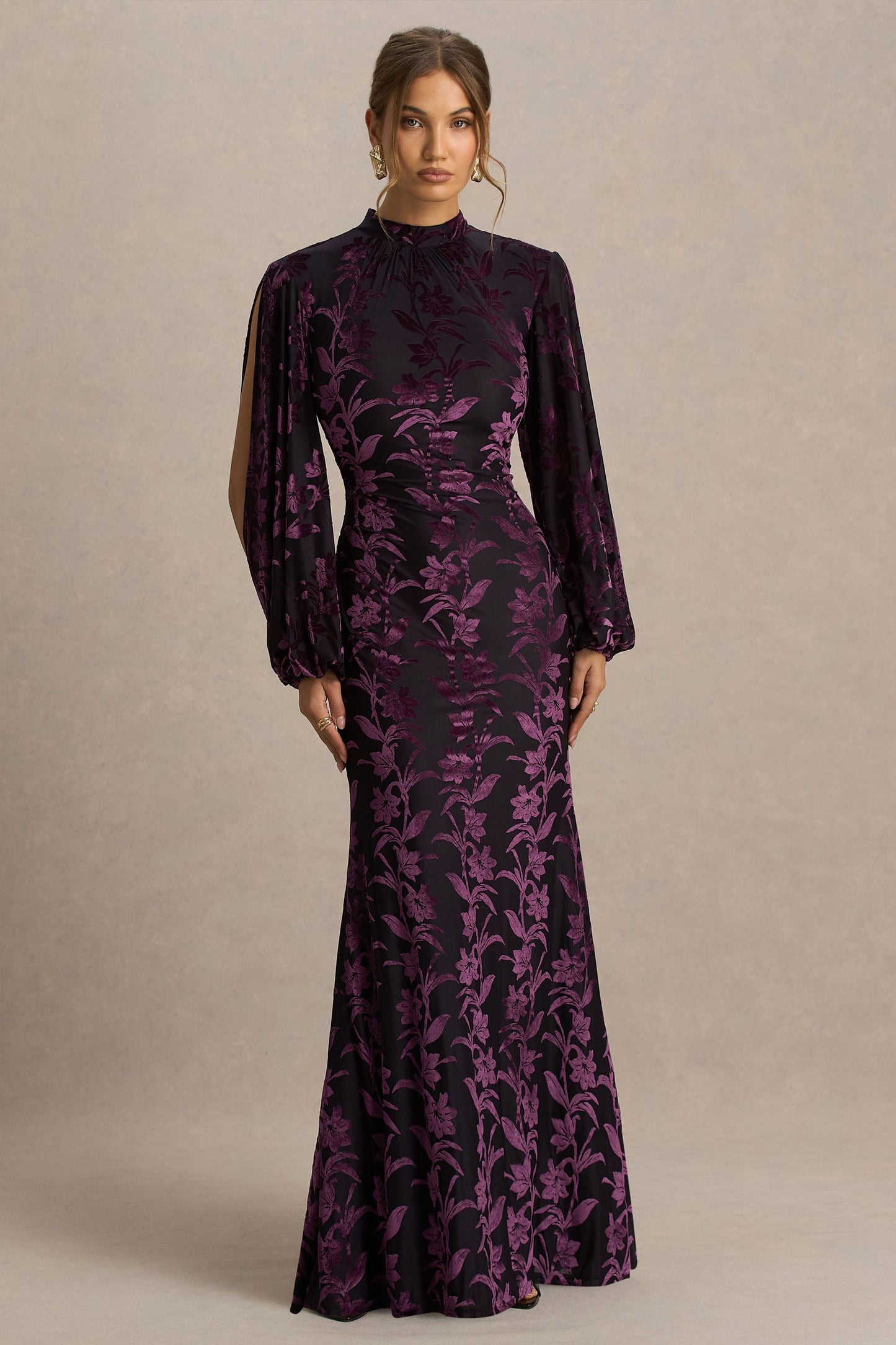 Janet | Black And Burgundy Devore High-Neck Maxi Dress With Cut-Out Details