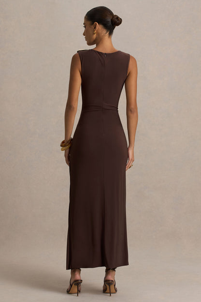 Fiora | Brown High-Neck Maxi Dress With Metal Detail