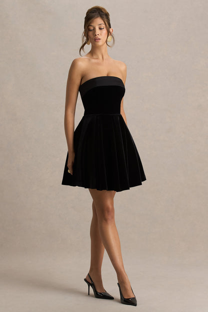 Mina | Black Velvet And Satin Bandeau-Neck Skater Mini Dress