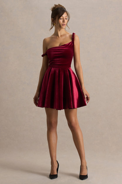 Leticia | Burgundy Velvet Asymmetric-Neck Velvet Mini Dress With Twist-Sleeve