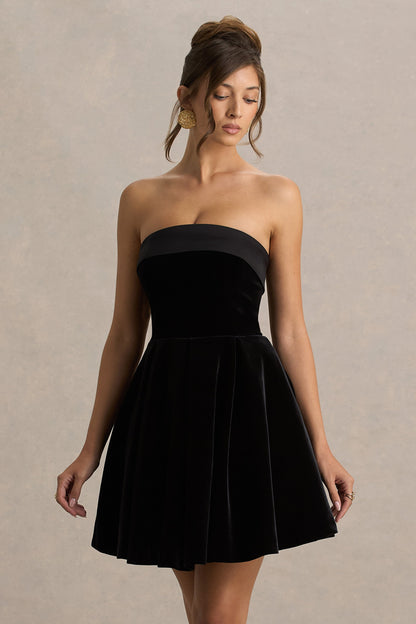 Mina | Black Velvet And Satin Bandeau-Neck Skater Mini Dress
